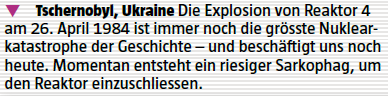 Tschernobyl, Ukraine: Die Explosion von Reaktor 4 am 26. April 1984 ist immer noch die gr&ouml;sste Nuklearkatastrophe der Geschichte [...]